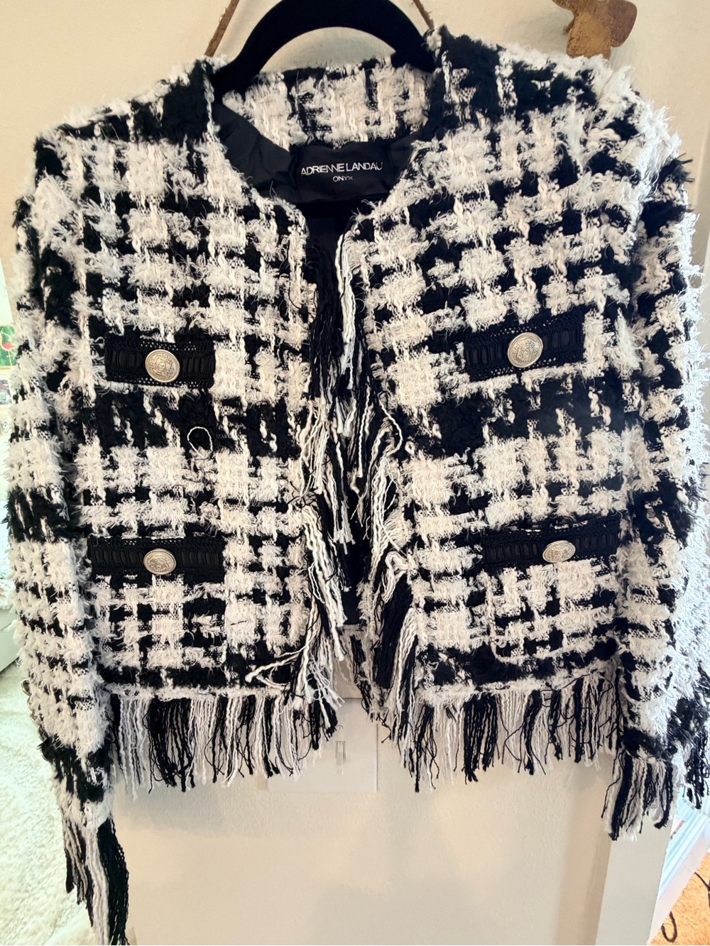 Adrienne Landau Black and White Fringe Tweed Jacket